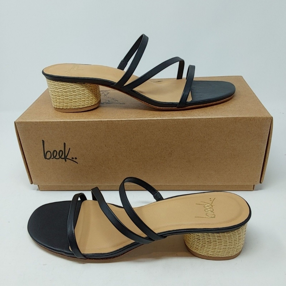 Beek Sandals Womens Size 8 38.5 Black Roselle Strappy Block Heel Slide Shoes